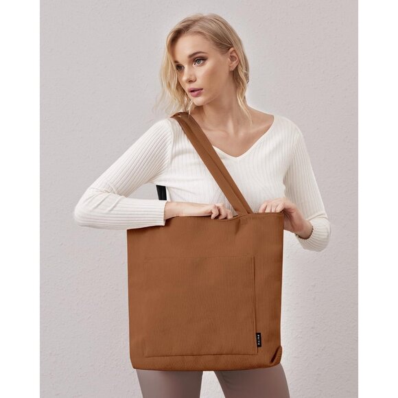 Women Brown Corduroy Large Shoulder Tote Shopping Bag with Zipper and Pockets - Picture 7 of 7